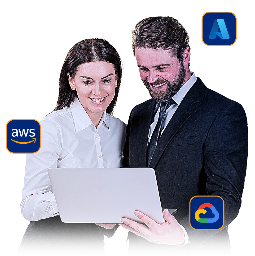 a man and woman looking at a laptop